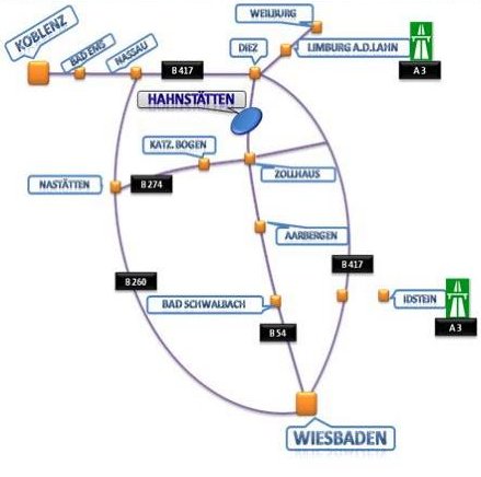 Anfahrtsskizze: Hahnstätten liegt an der B 417 zwischen Diez/Limburg im Norden und Wiesbaden im Süden, Autobahn A3 über Limburg oder Idstein